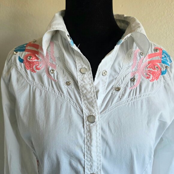 Destined To ROAR White Snap Front Embellished Cotton Blend Western Shirt Size S - Picture 3 of 10